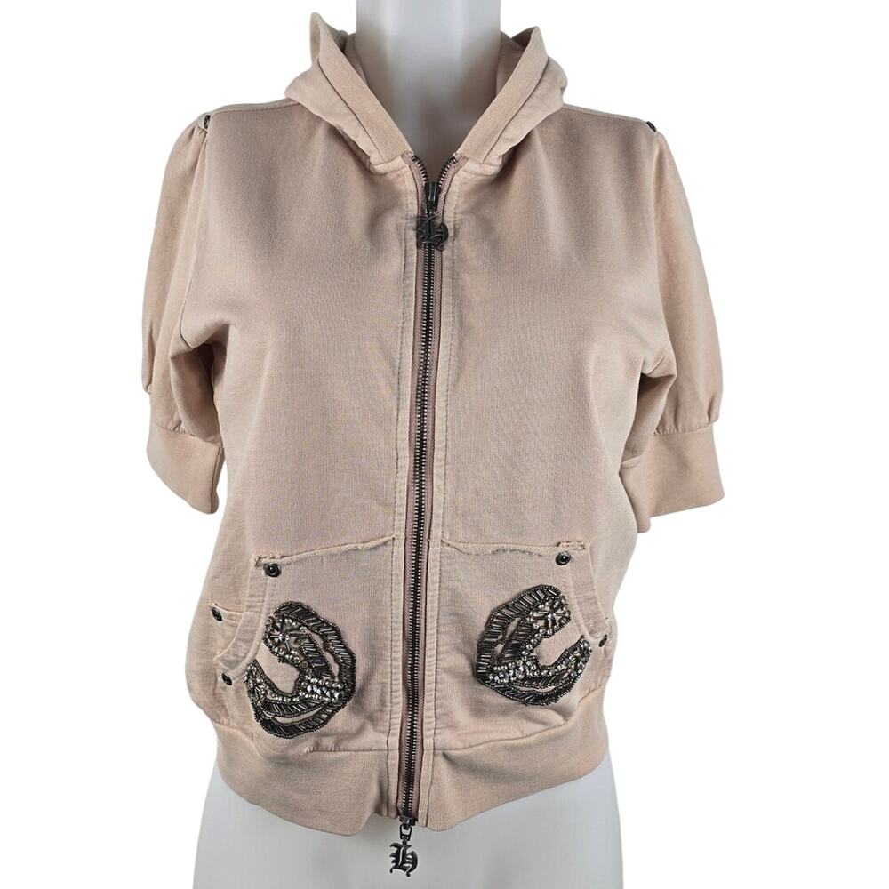 Hale Bob Prim Rose Lightweight Hooded Beaded Short Sleeve Jacket XL NWT